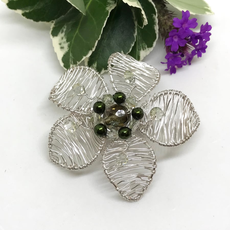 Flower Brooch, Silver Plated Pearls And Crystals