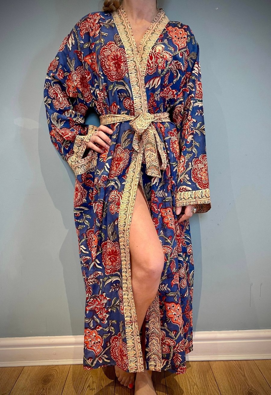 Flower print blue cotton kimono robe Dressing Gown 