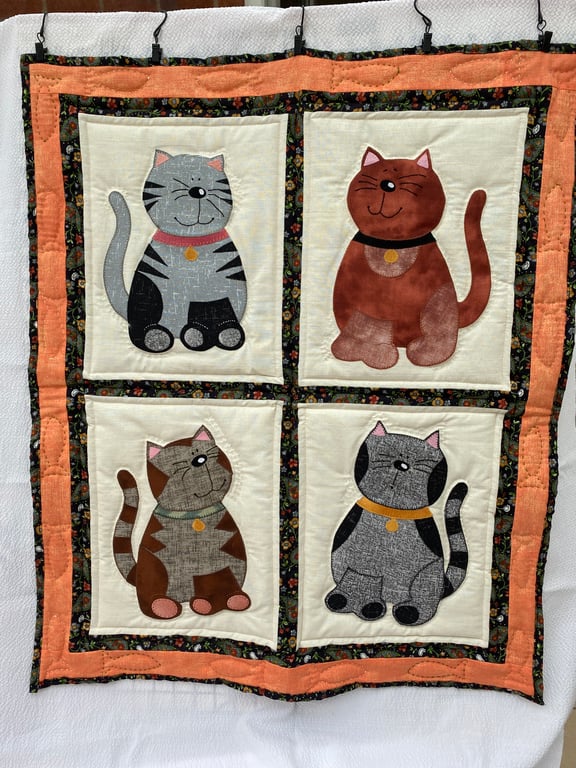 Wall Hanging for Cat Owner, Funny Cat Faces, Appliquéed and Quilted Home Decor. 