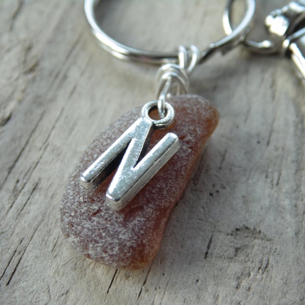 Initial 'N' Amber Cornish Sea Glass Keyring Bag Charm K683