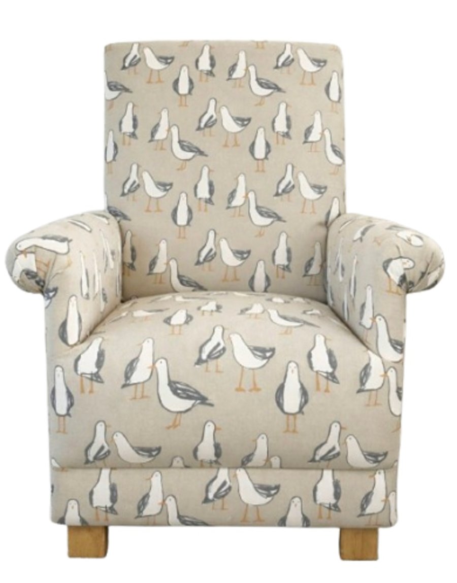 Image of Clarke Seagulls Taupe Fabric Adult Chair Armchair Coastal Beach Seaside Accent