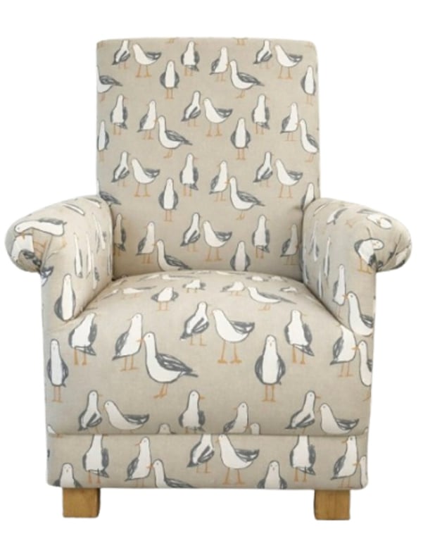 Clarke Seagulls Taupe Fabric Adult Chair Armchair Coastal Beach Seaside Accent