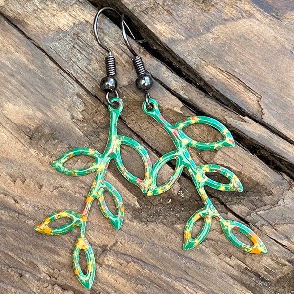 Leaf branch earrings. Hand enamelled leaves. Sterling Silver upgrade available. 