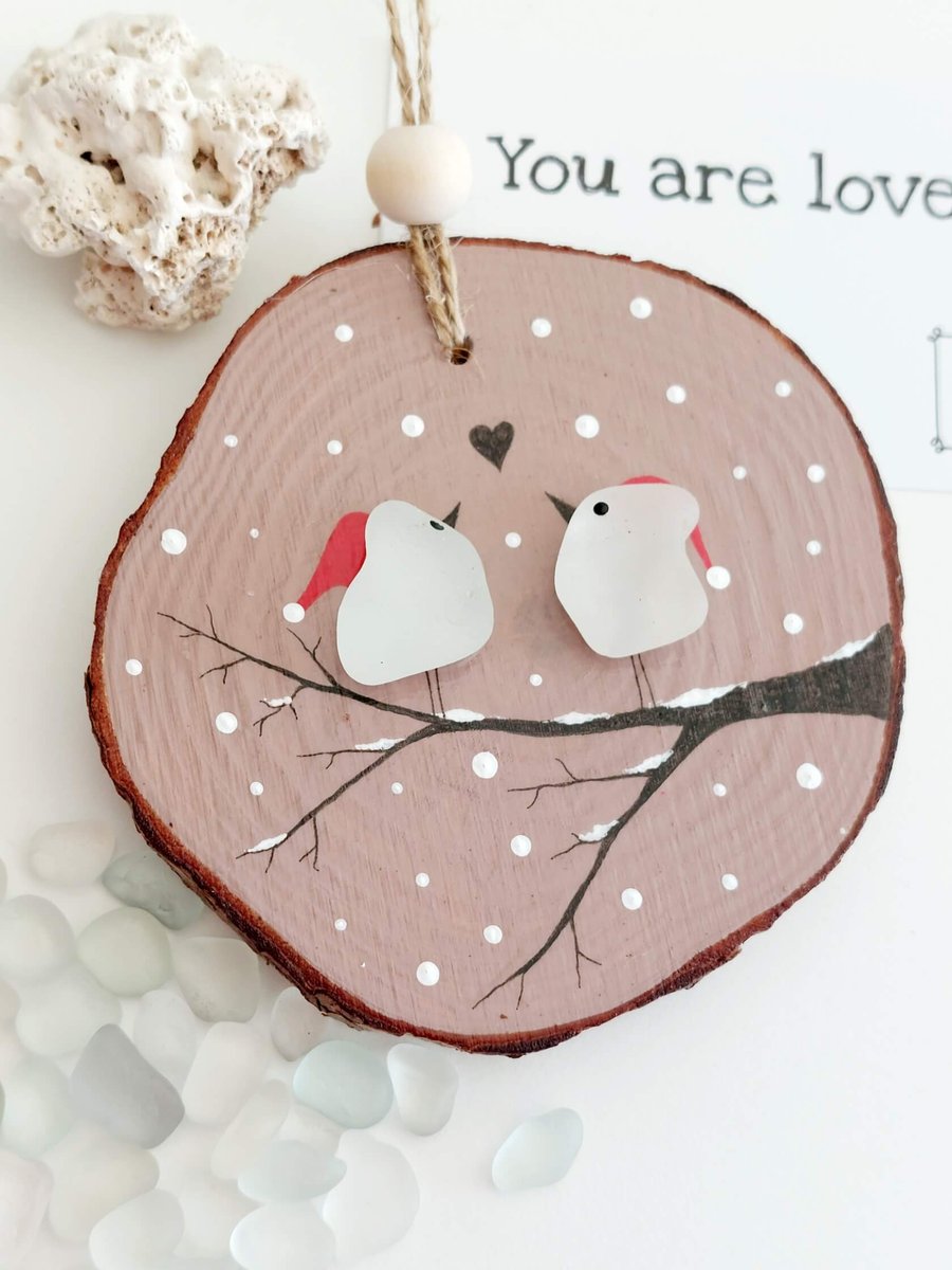 Sea Glass Quirky Birds Ornament - Hand Painted Wooden Christmas Tree Decoration