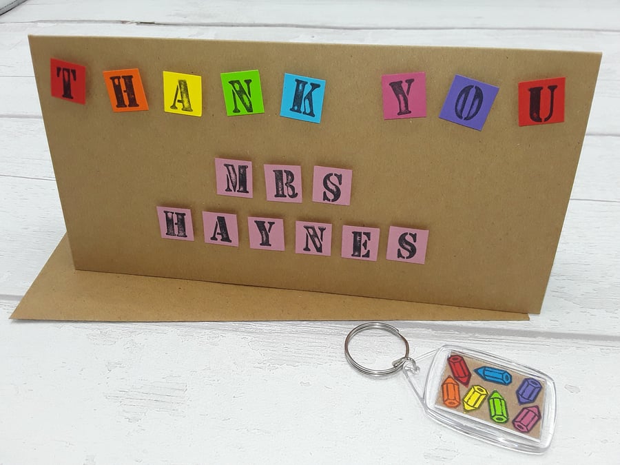 Teacher thank you card and gift. Personalised card and personalised key ring.