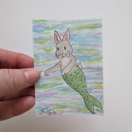 Merbunny ACEO Miniature Painting Watercolour Mermaid and Bunny Underwater 