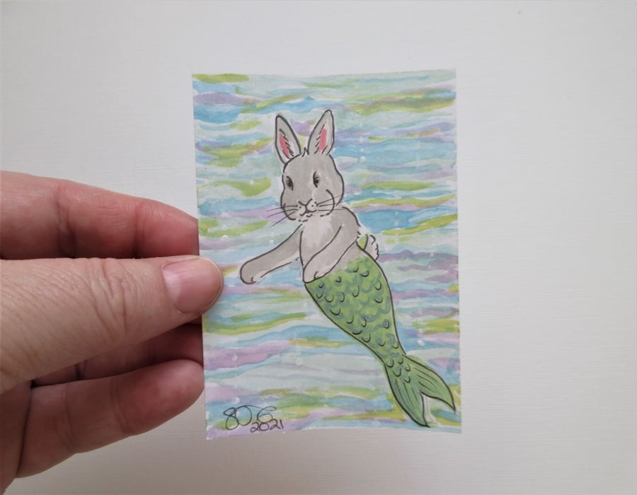 Merbunny ACEO Miniature Painting Watercolour Mermaid and Bunny Underwater 