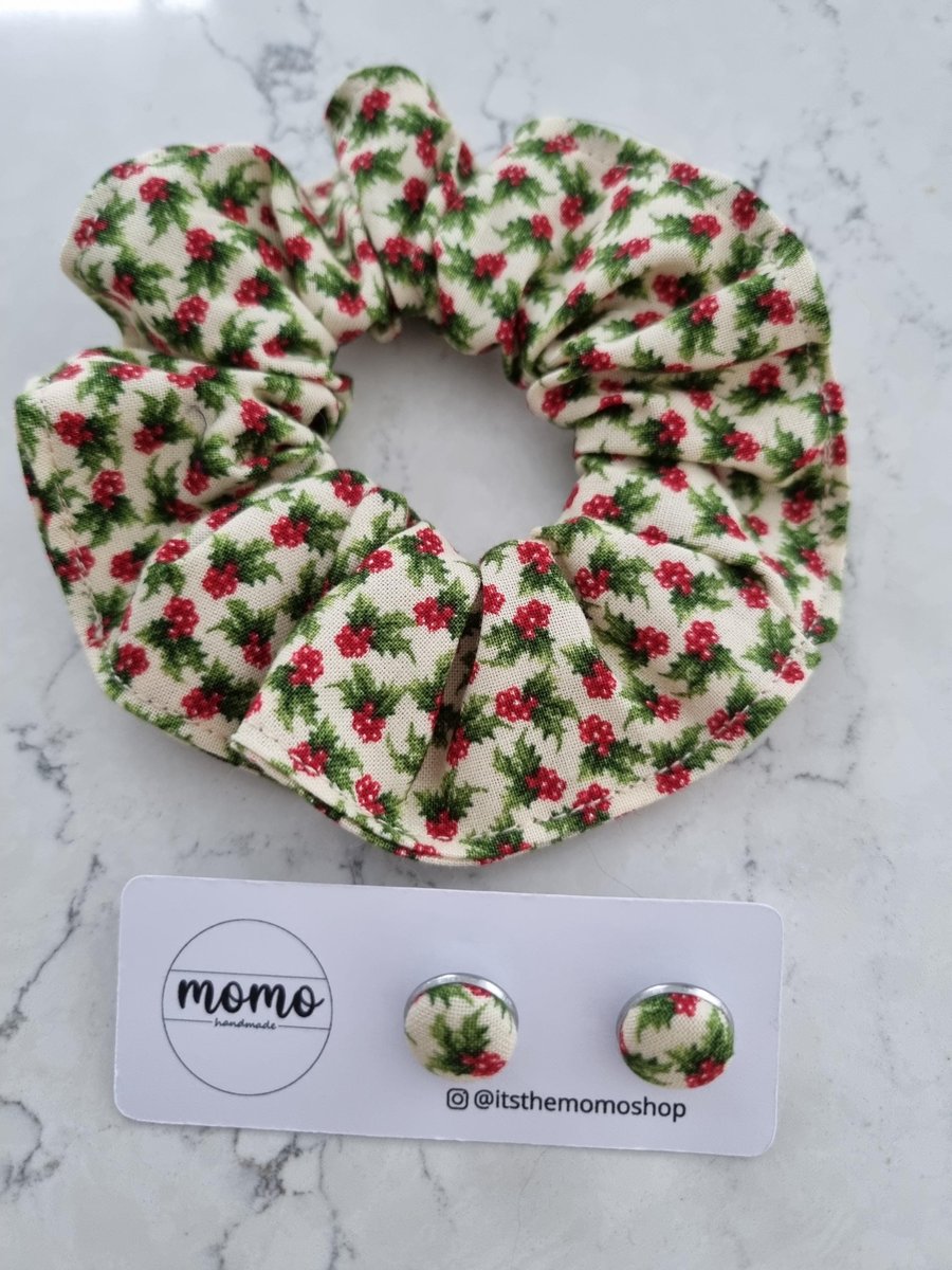 Christmas scrunchie fabric studs holly, upcycled liberty tie, unique gift for he