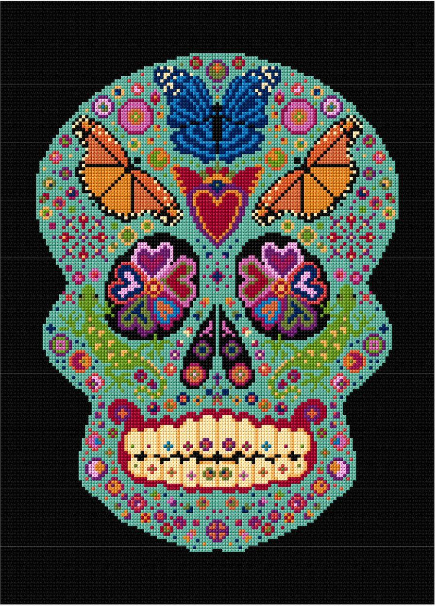 Cross Stitch Kit, Sugar Skull, Butterfly, Picture, Mexico, Dia de Muertos, 