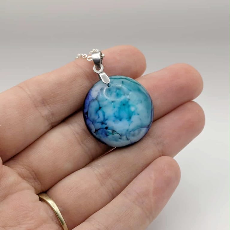 Blue Abstract Resin Necklace, Unique Pendant Jewellery, Special Gift For Her