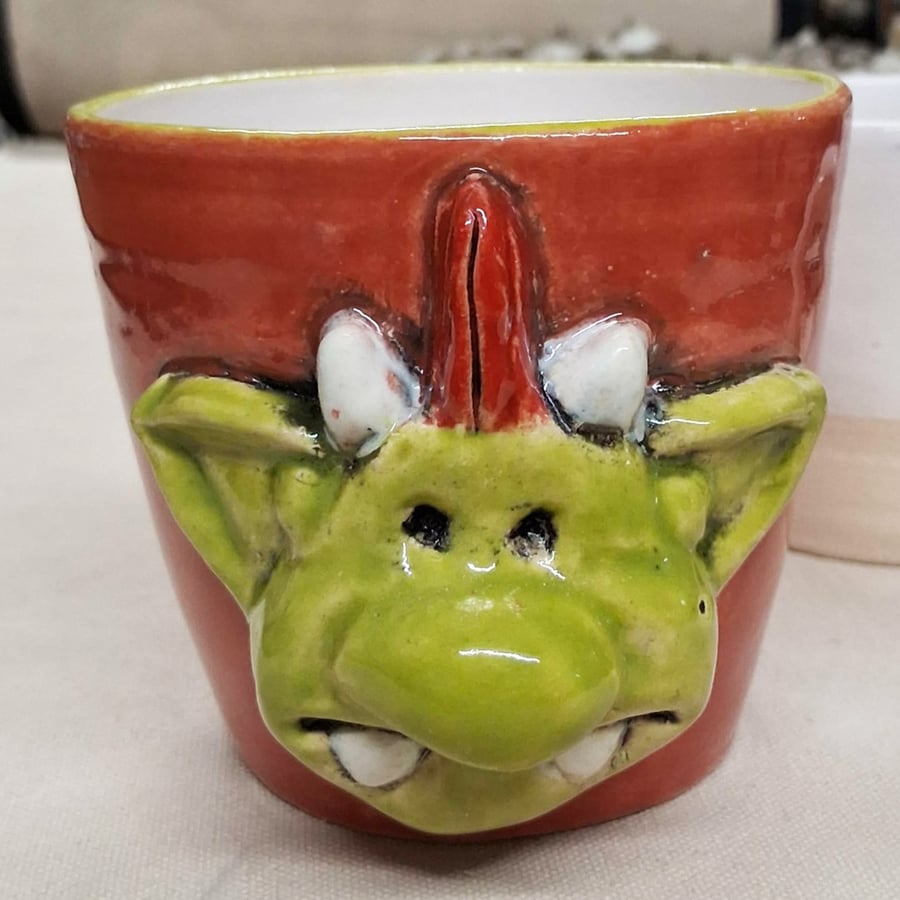 Fungus Larger Ceramic Mug, Coral Red , Green and Tin white glaze.