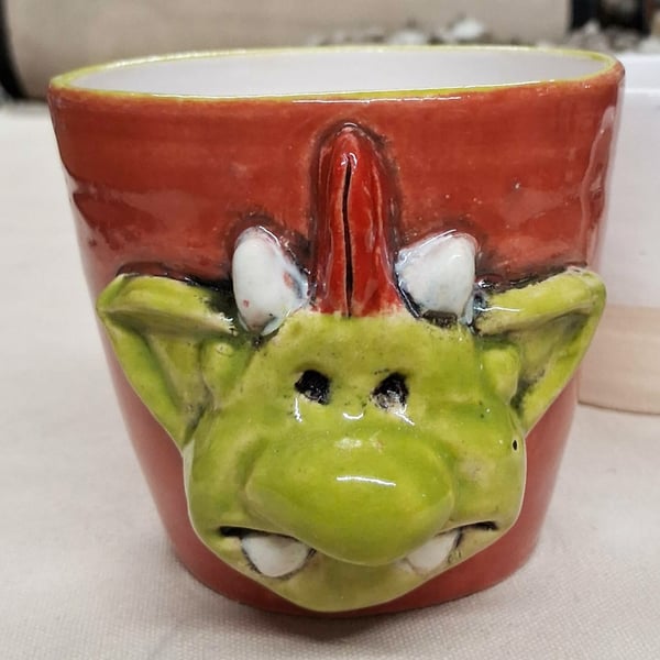 Fungus Larger Ceramic Mug, Coral Red , Green and Tin white glaze.