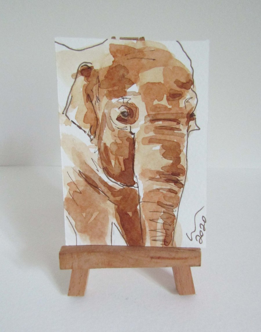 ACEO Art Elephant Head Original Watercolour & Ink Painting OOAK