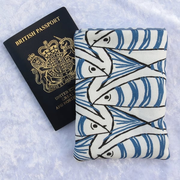 Passport Pouch, passport sleeve, made from cotton, fish