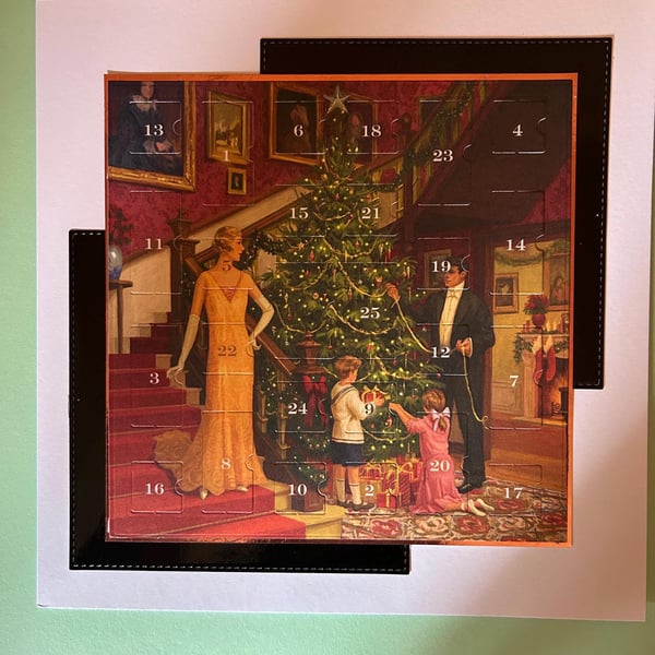 Vintage family Advent Calendar Card Handmade 8 inch square card, Santa, friend l