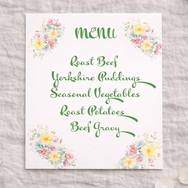 Wedding Menu Card  Floral Wedding Table Stationery