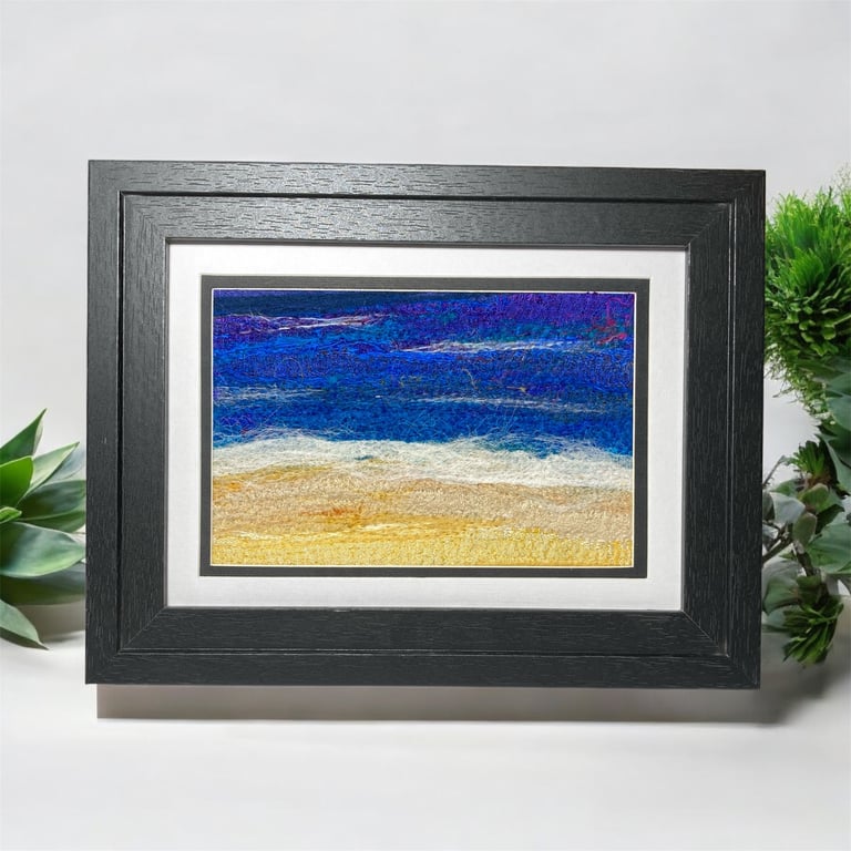 Silk and wool textile art picture, needle felted beach scene, framed or mounted