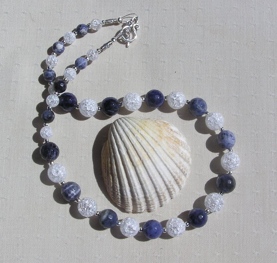Blue Sodalite & Clear Quartz Gemstone Statement Necklace "Azure Sparkle"