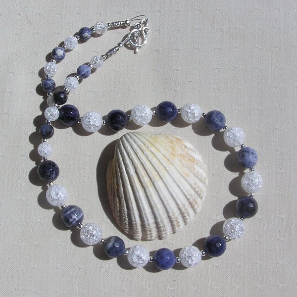 Blue Sodalite & Clear Quartz Gemstone Statement Necklace "Azure Sparkle"