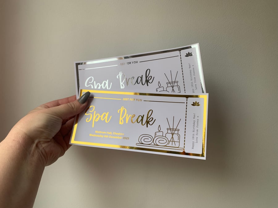 Spa Day Break Voucher, Any Personalised Foil Gift Ticket