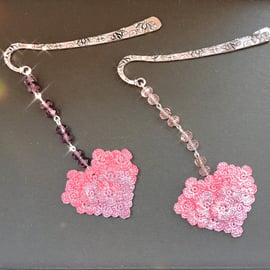 Microcrochet Pink Heart Crystal Glass Beads Bookmark set