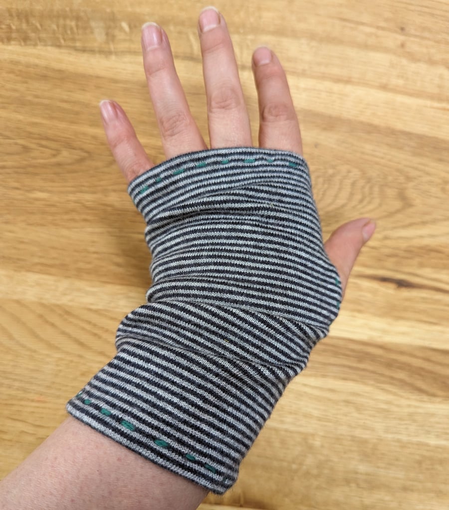 Stripey Navy & Silver Wrist warmers from Upcycled Cardigan (NOT WOOL)