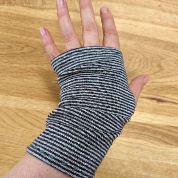 Stripey Navy & Silver Wrist warmers from Upcycled Cardigan (NOT WOOL)