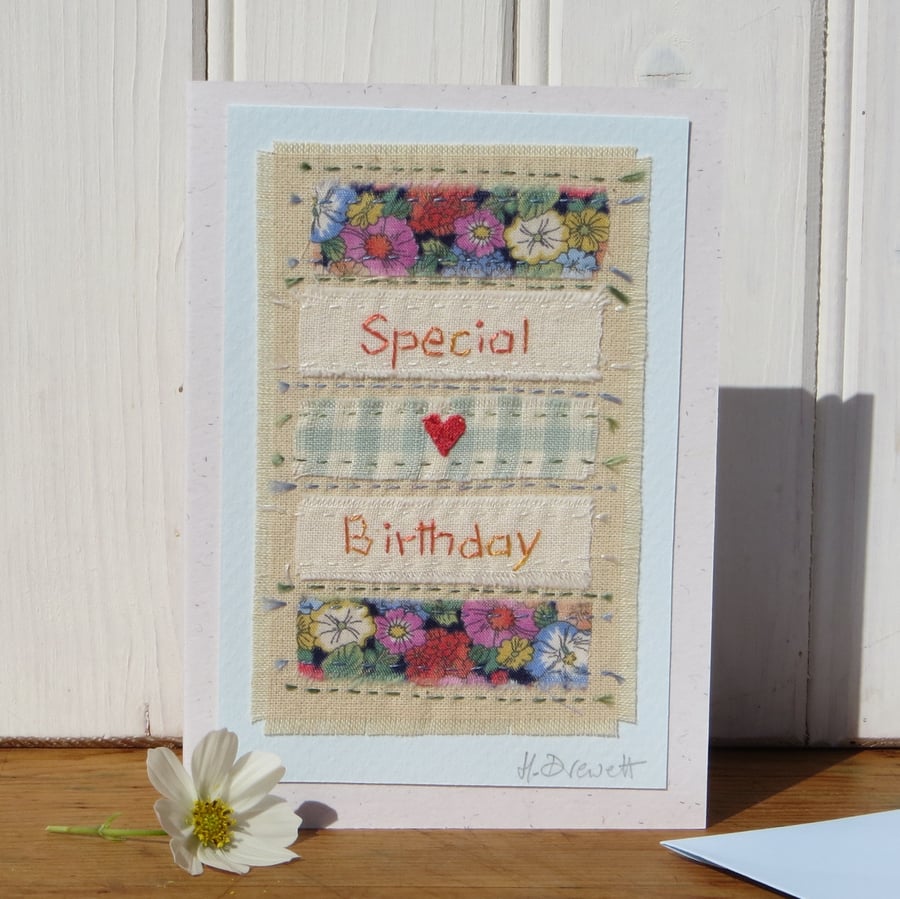 Hand-stitched, pretty little Special Birthday card with applique heart