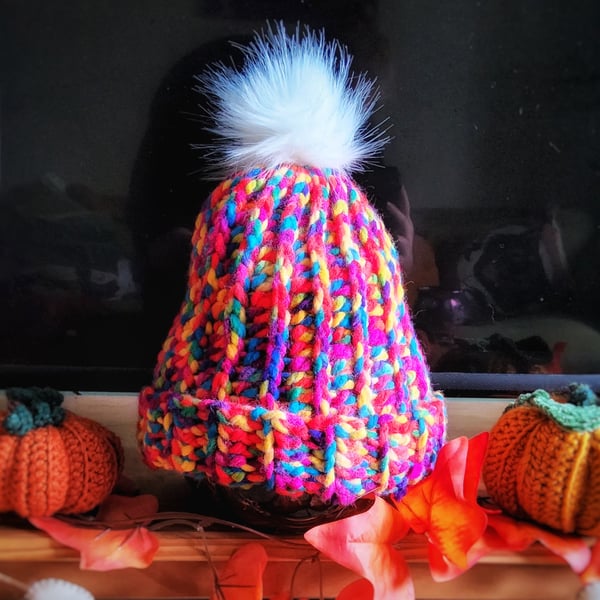 Rainbow crocheted winter hat