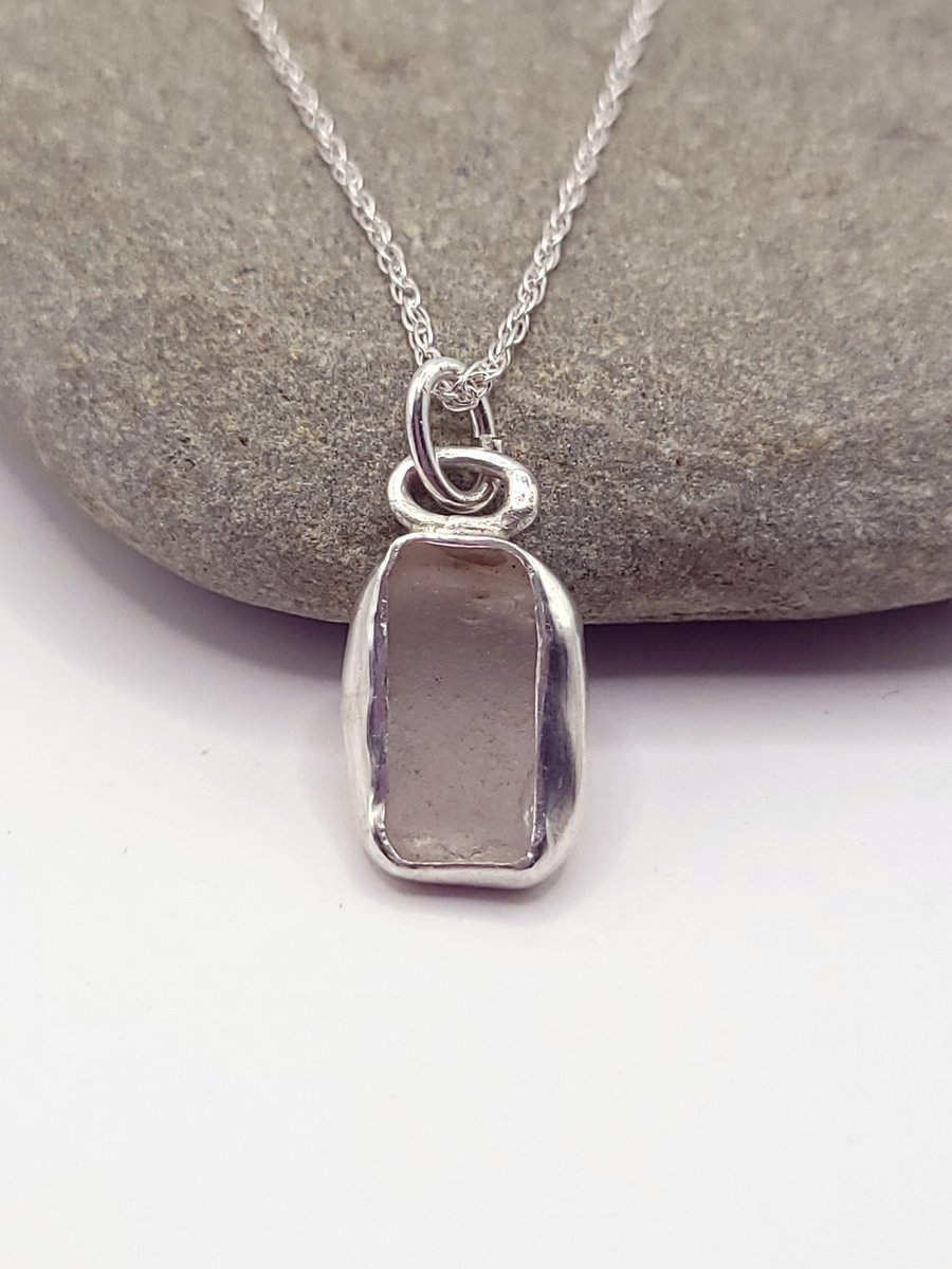 Rectangular Icy Seaglass & Sterling Silver Pendant 