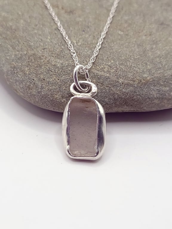 Rectangular Icy Seaglass & Sterling Silver Pendant 