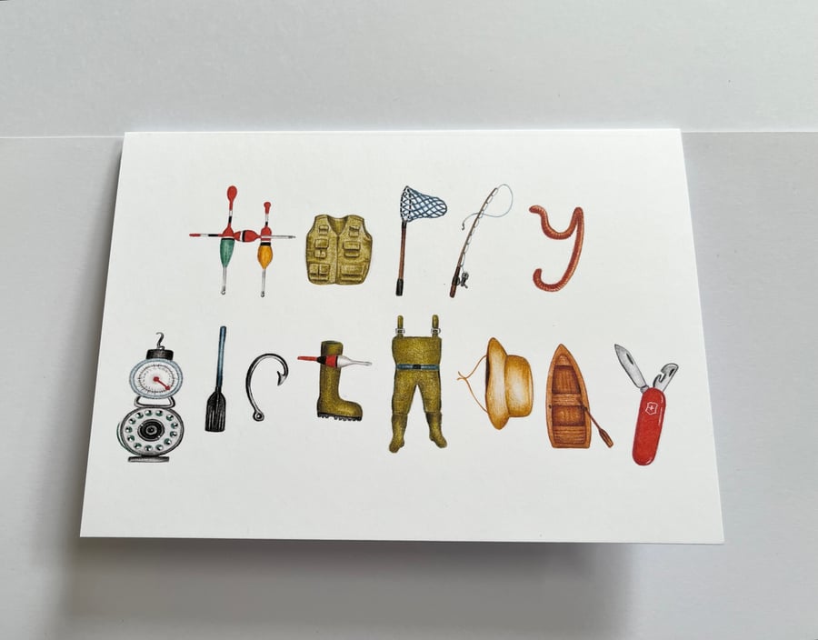 Birthday card for fishing fan - fishing equipment alphabet letters - 7x5 inches