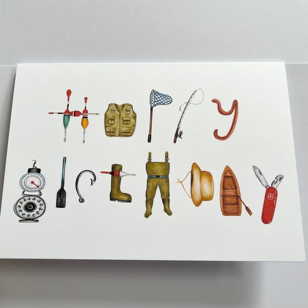 Birthday card for fishing fan - fishing equipment alphabet letters - 7x5 inches