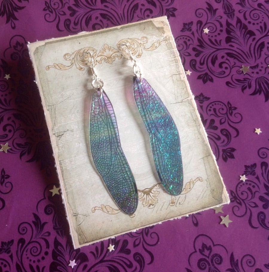Iridescent Faux Dragonfly Wing Sterling Silver Earrings Lilac Blue Green