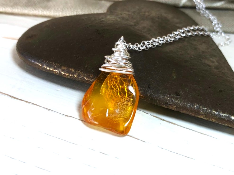 Amber Pendant Wire Wrapped in Silver on a Silver Chain