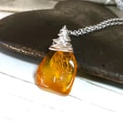Amber Pendant Wire Wrapped in Silver on a Silver Chain