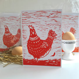 Chicken card  Handprinted linocut pack of two chicken cards 1red 1orange