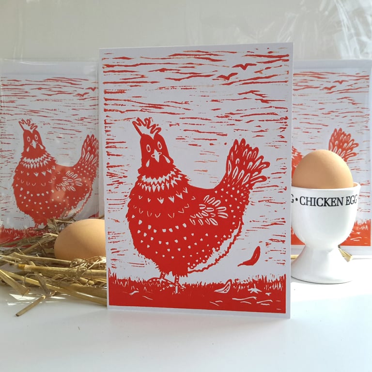 Chickens Two Pack Handprinted linocut cards  Quirky Happy Hen 1 red 1 orange