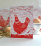 Chickens Two Pack Handprinted linocut cards  Quirky Happy Hen 1 red 1 orange