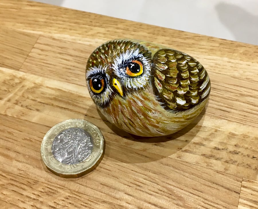 Owl miniature painting on garden rock bird stone art pebble portrait 