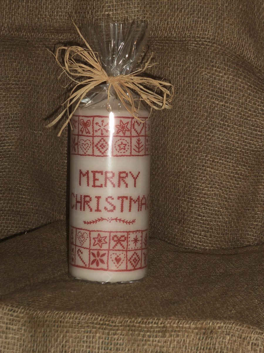 Decorated Candle Merry Christmas Cross Stitch Decoupage Unusual 