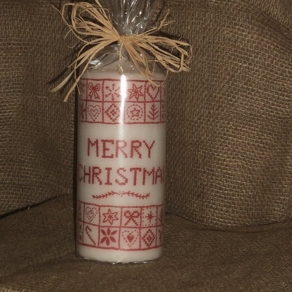 Decorated Candle Merry Christmas Cross Stitch Decoupage Unusual 