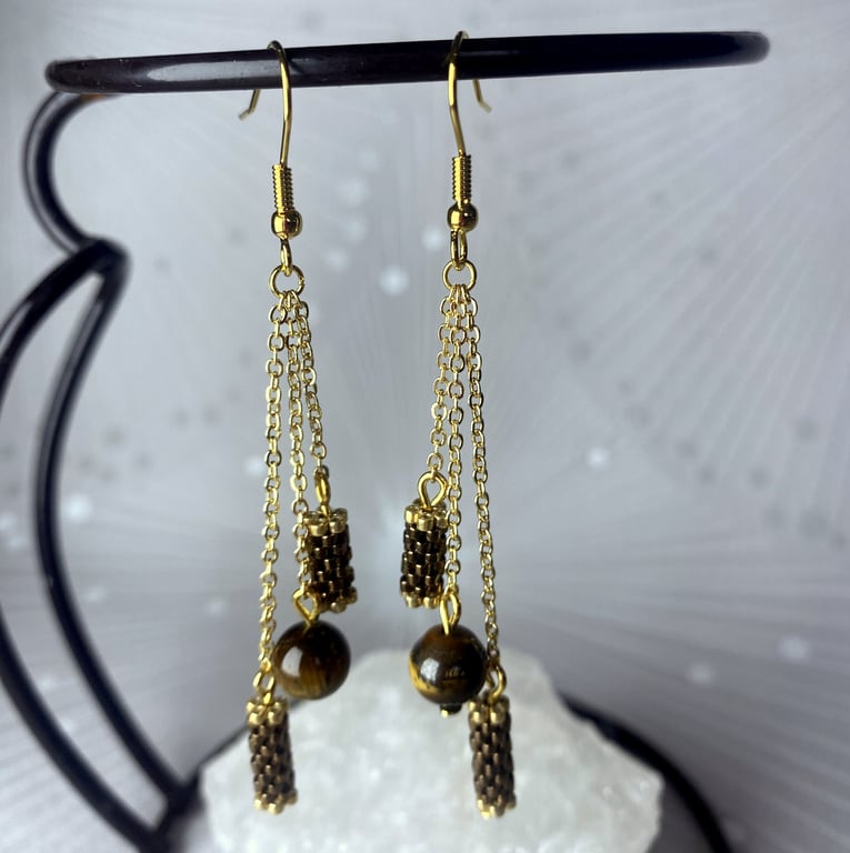 Tiger's eye beaded dangle drop earrings with gold accents 