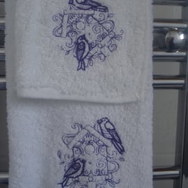 Embroidered Hand Towel And Flannel With Blue Bird Box And Bird Detail 