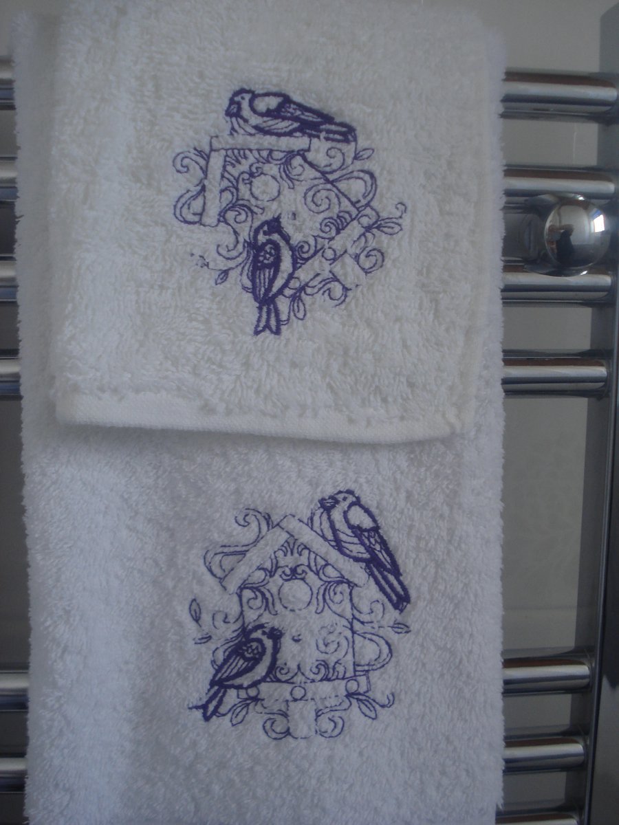 Embroidered Hand Towel And Flannel With Blue Bird Box And Bird Detail 