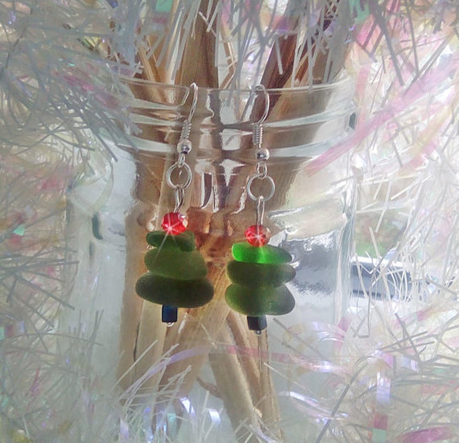 Christmas tree earrings - sea glass festive earrings