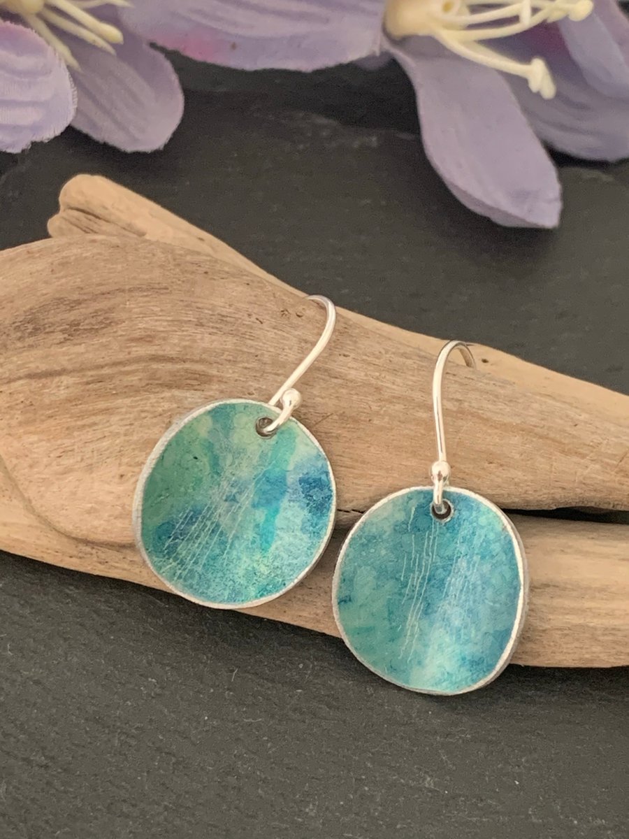 Water colour collection - hand painted aluminium earrings teal green and blue