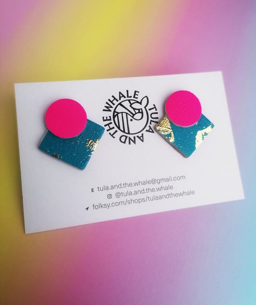 Statement Stud Leather Earrings - Hot Pink, Turquoise & Gold Leaf