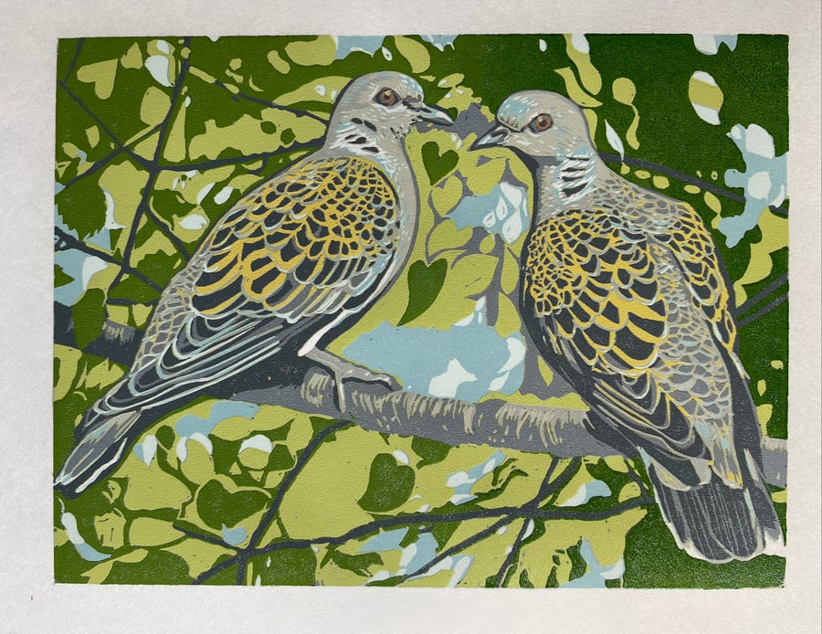 Turtle Doves - Original Handmade Reduction Lino Print