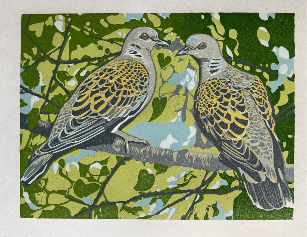 Turtle Doves - Original Handmade Reduction Lino Print